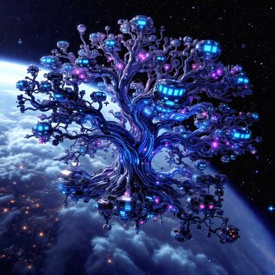 The primary subject of the image is a large, intricate tree with many branches and leaves. The tree is blue and purple, giving it a unique and vibrant appearance. The setting is a space background, with a planet visible in the distance. The visual style is a digital art or illustration, showcasing the artist's creativity and attention to detail. The colors and mood of the image are lively and imaginative, with the blue and purple tree standing out against the backdrop of space.